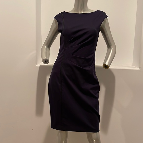 Elie TahariNavy Knit Leather Trim Cap Sleeves Dress Size 4 BNWOT